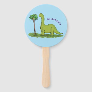 Cute happy green brontosaurus dinosaur cartoon hand fan
