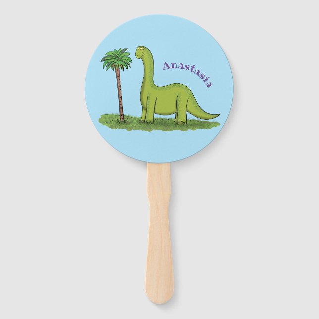 Cute happy green brontosaurus dinosaur cartoon hand fan (Front)