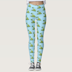 Cute happy green brontosaurus dinosaur cartoon leggings