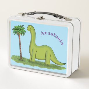 Cute happy green brontosaurus dinosaur cartoon metal lunch box