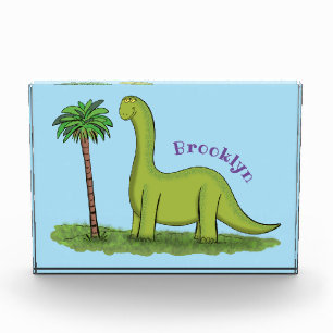 Cute happy green brontosaurus dinosaur cartoon photo block