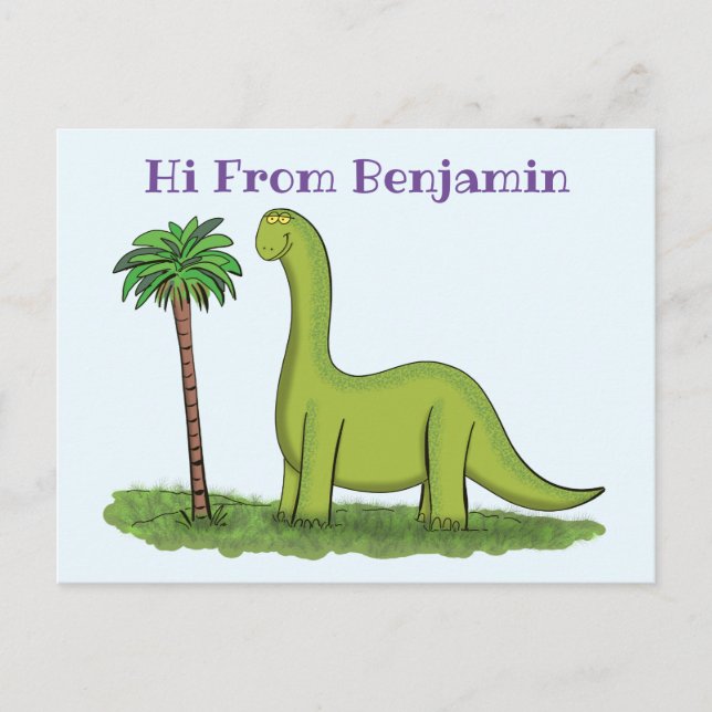 Cute happy green brontosaurus dinosaur cartoon postcard (Front)