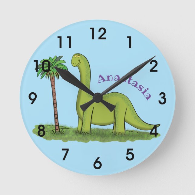 Cute happy green brontosaurus dinosaur cartoon round clock (Front)