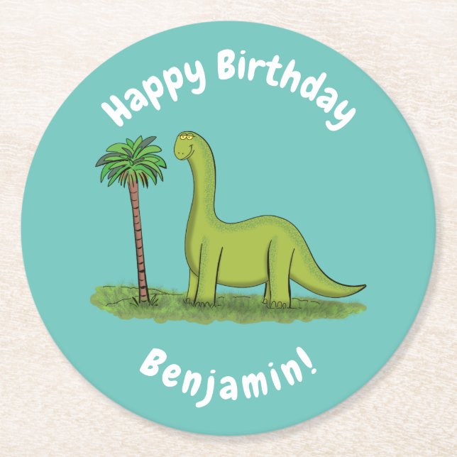 Cute happy green brontosaurus dinosaur cartoon round paper coaster (Front)