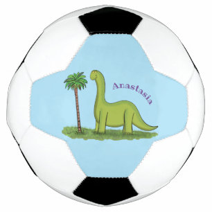 Cute happy green brontosaurus dinosaur cartoon soccer ball