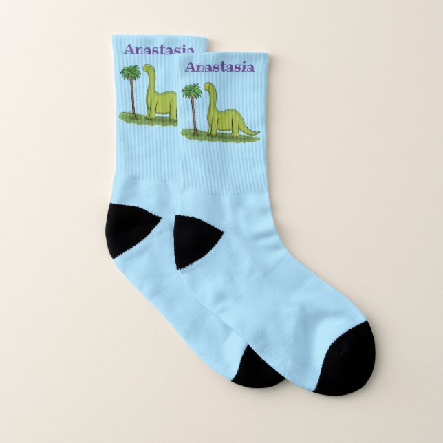 Cute happy green brontosaurus dinosaur cartoon socks (Pair)