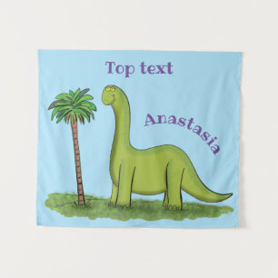 Cute happy green brontosaurus dinosaur cartoon tapestry