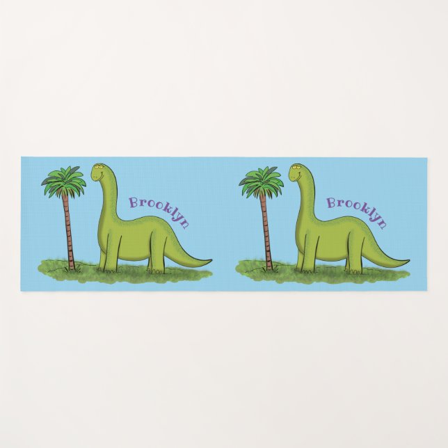 Cute happy green brontosaurus dinosaur cartoon yoga mat (Front (Horizontal))