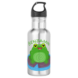 Cute happy green frog cartoon illustration 532 ml water bottle
