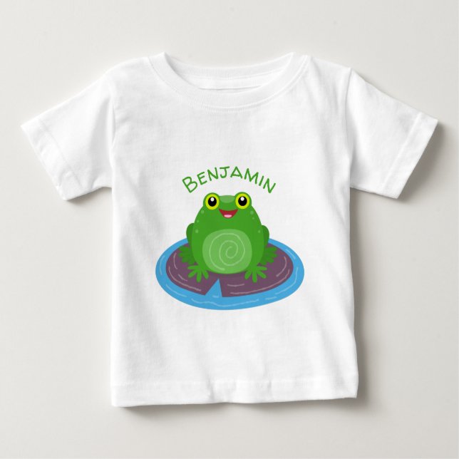 Cute happy green frog cartoon illustration baby T-Shirt (Front)