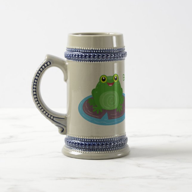 Cute happy green frog cartoon illustration beer stein (Left)