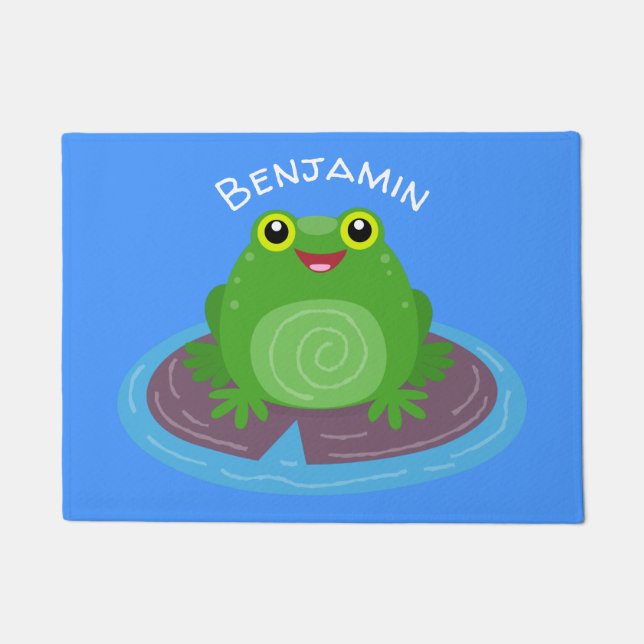 Cute happy green frog cartoon illustration doormat (Front)