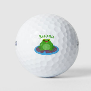 Cute happy green frog cartoon illustration golf balls