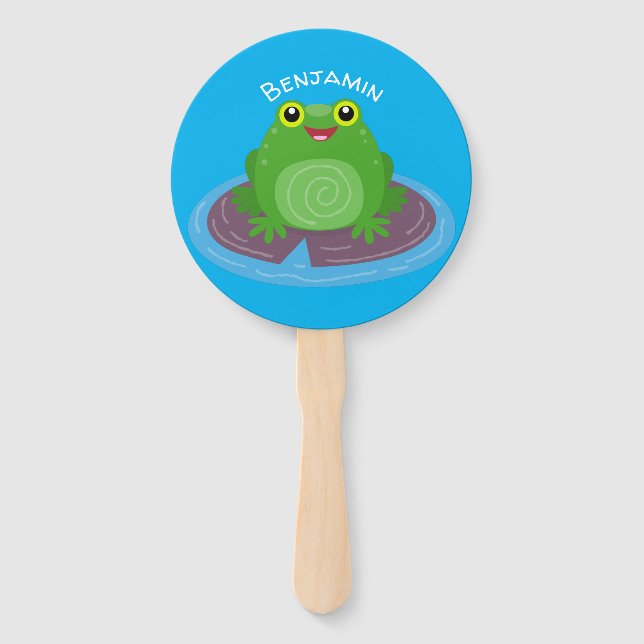 Cute happy green frog cartoon illustration hand fan (Front)