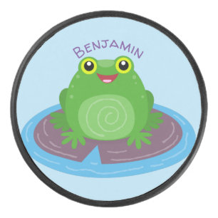 Cute happy green frog cartoon illustration hockey puck