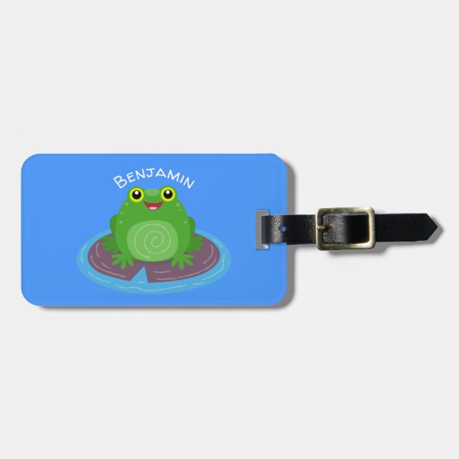 Cute happy green frog cartoon illustration luggage tag (Front Horizontal)