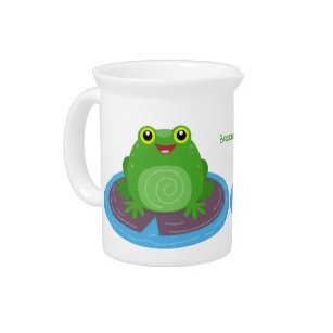 Cute happy green frog cartoon illustration pitcher