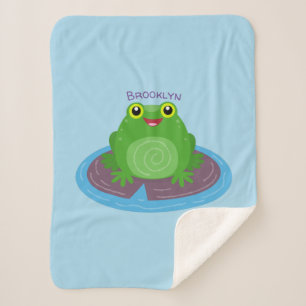 Cute happy green frog cartoon illustration sherpa blanket