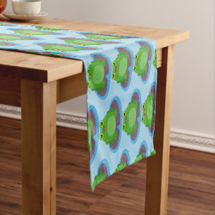 Cute happy green frog cartoon illustration short table runner