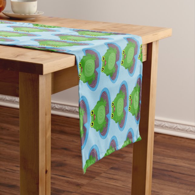 Cute happy green frog cartoon illustration short table runner (In Situ)