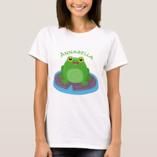 Cute happy green frog cartoon illustration T-Shirt