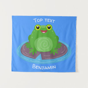 Cute happy green frog cartoon illustration  tapestry