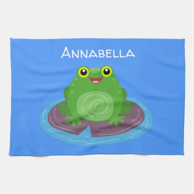 Cute happy green frog cartoon illustration tea towel (Horizontal)