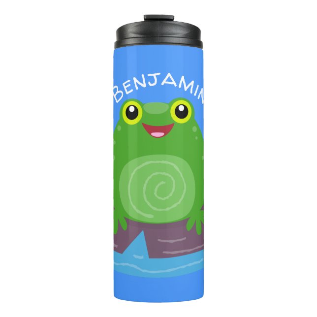 Cute happy green frog cartoon illustration thermal tumbler (Front)