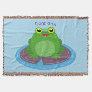 Cute happy green frog cartoon illustration throw blanket