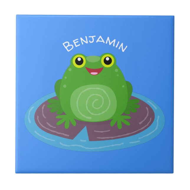 Cute happy green frog cartoon illustration tile (Front)