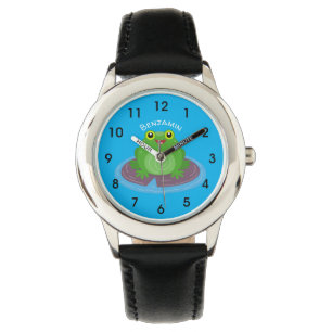 Cute happy green frog cartoon illustration watch