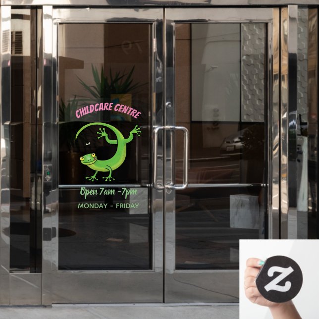Cute happy green gecko greetings with bug cartoon (Office Door)