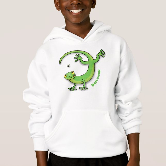 Cute happy green gecko greetings with bug cartoon (Front)