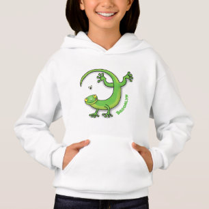 Cute happy green gecko greetings with bug cartoon