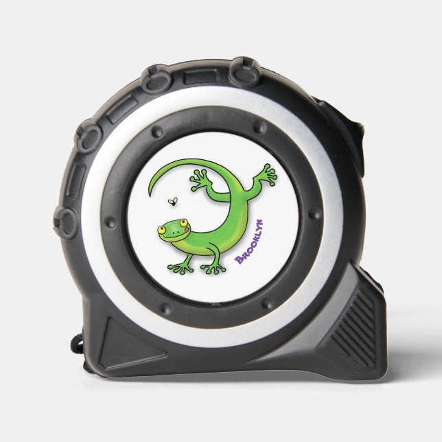 Cute happy green gecko greetings with bug cartoon 1 (Front)