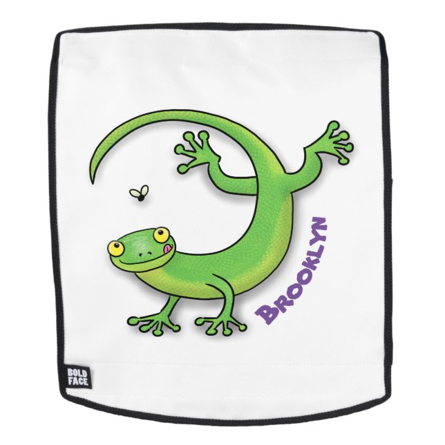 Cute happy green gecko greetings with bug cartoon backpack (Removable Face)