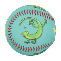 Cute happy green gecko greetings with bug cartoon
