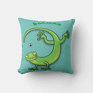 Cute happy green gecko greetings with bug cartoon cushion