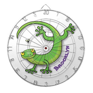 Cute happy green gecko greetings with bug cartoon dartboard