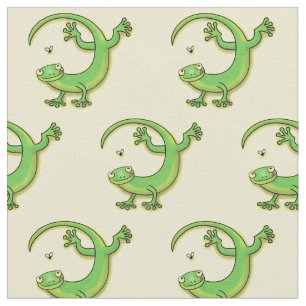 Cute happy green gecko greetings with bug cartoon fabric
