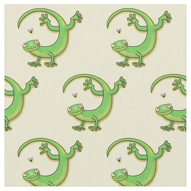 Cute happy green gecko greetings with bug cartoon fabric (Close Up)