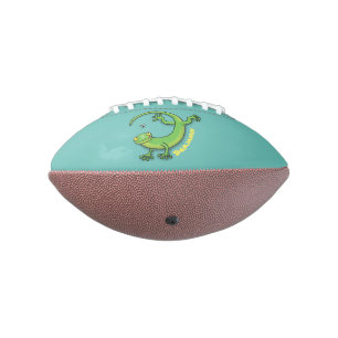Cute happy green gecko greetings with bug cartoon football