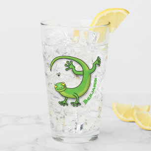 Cute happy green gecko greetings with bug cartoon glass