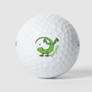 Cute happy green gecko greetings with bug cartoon golf balls