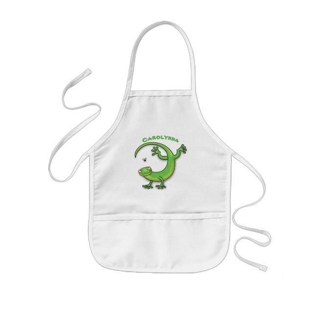 Cute happy green gecko greetings with bug cartoon kids apron (Front)