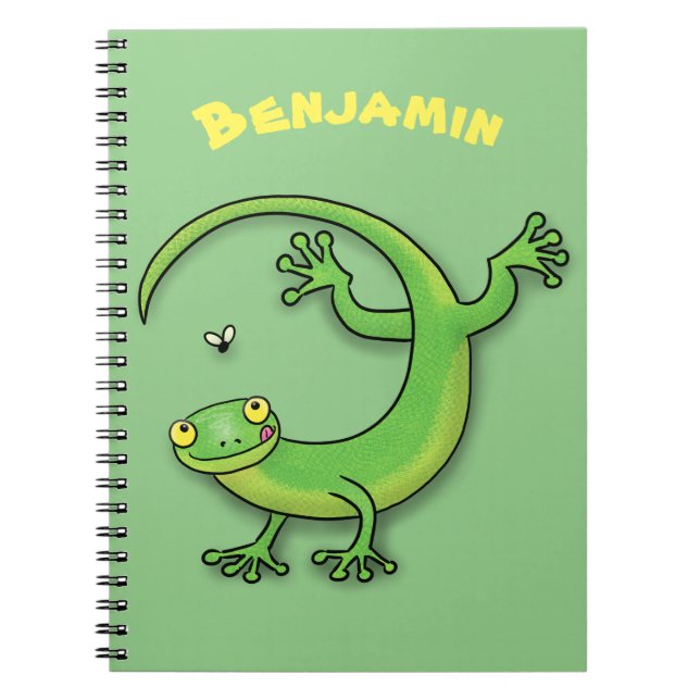 Cute happy green gecko greetings with bug cartoon notebook (Front)