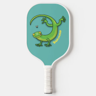 Cute happy green gecko greetings with bug cartoon pickleball paddle