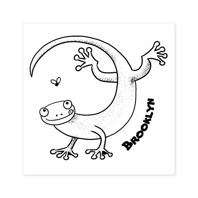 Cute happy green gecko greetings with bug cartoon rubber stamp (Imprint)
