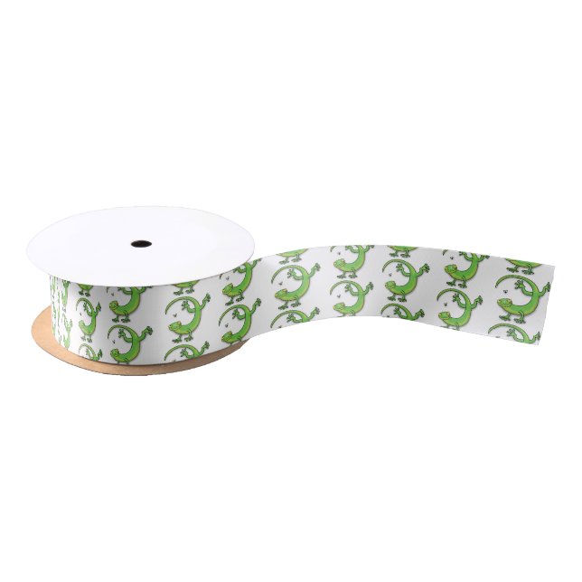 Cute happy green gecko greetings with bug cartoon satin ribbon (Spool)