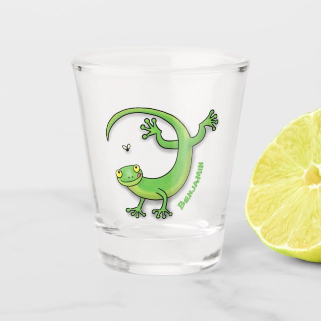 Cute happy green gecko greetings with bug cartoon  shot glass (Front)
